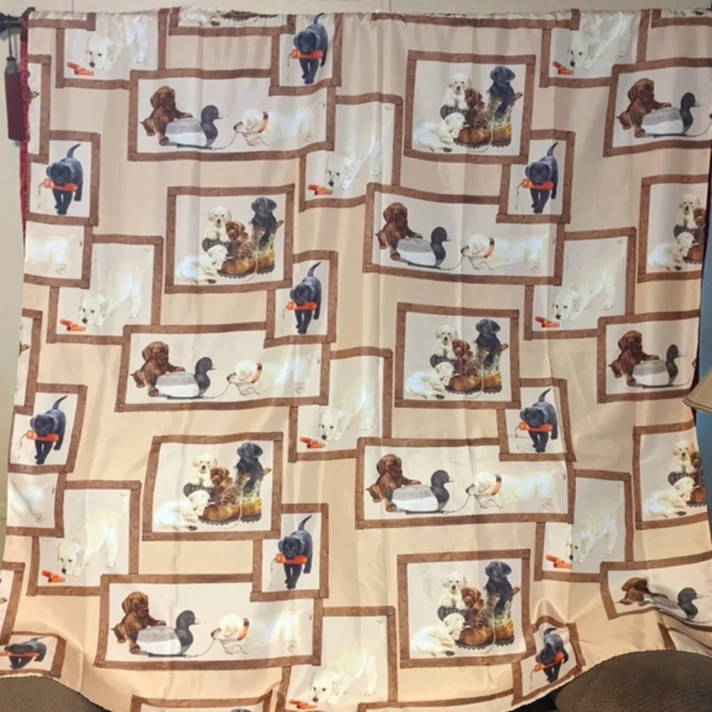 EUC Bacova Tan Shower Curtain w/Fun Retriever Puppies Design Sz 72